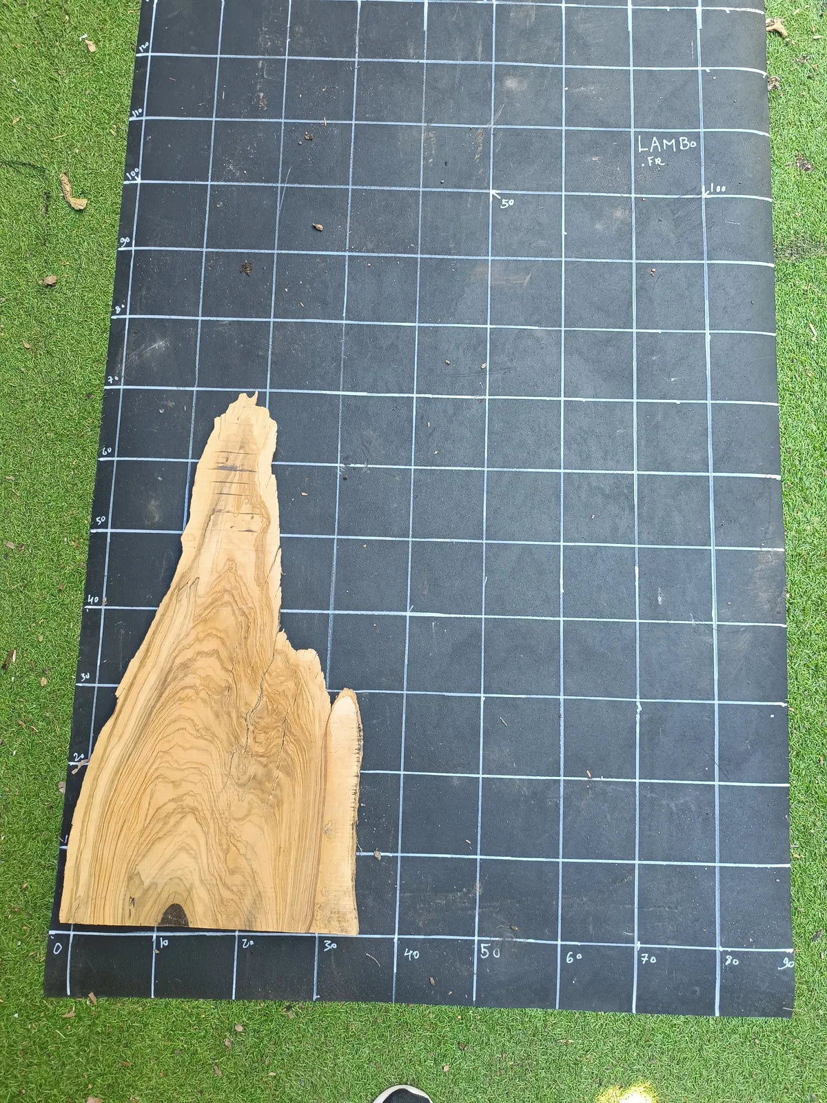 Plateau bois d'olivier brut à bord vivant 70×30 cm, réf N°010, sur tapis quadrillé 10 cm — recto