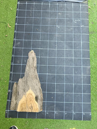 Plateau bois d'olivier brut à bord vivant 70×30 cm, réf N°010, sur tapis quadrillé 10 cm — verso