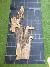 Plateau bois d'olivier brut à bord vivant 150×50 cm, réf N°018, sur tapis quadrillé 10 cm — verso