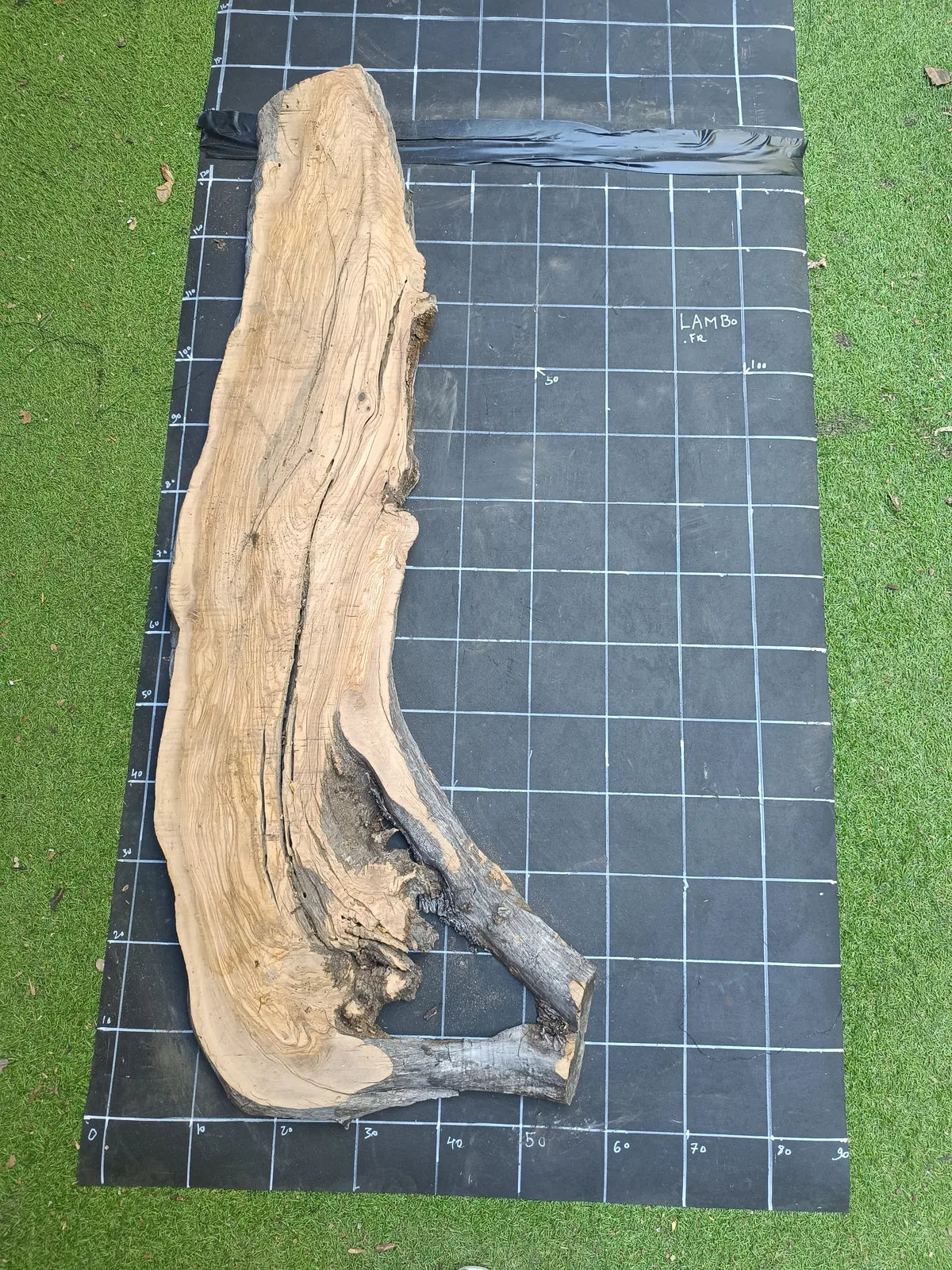 Plateau bois d'olivier brut à bord vivant 150×40 cm, réf N°026, sur tapis quadrillé 10 cm — recto