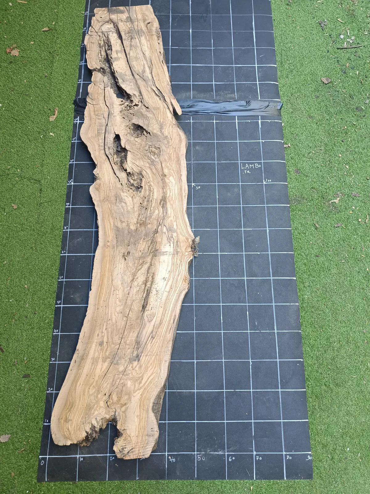 Plateau bois d'olivier brut à bord vivant 190×50 cm, réf N°029, sur tapis quadrillé 10 cm — recto