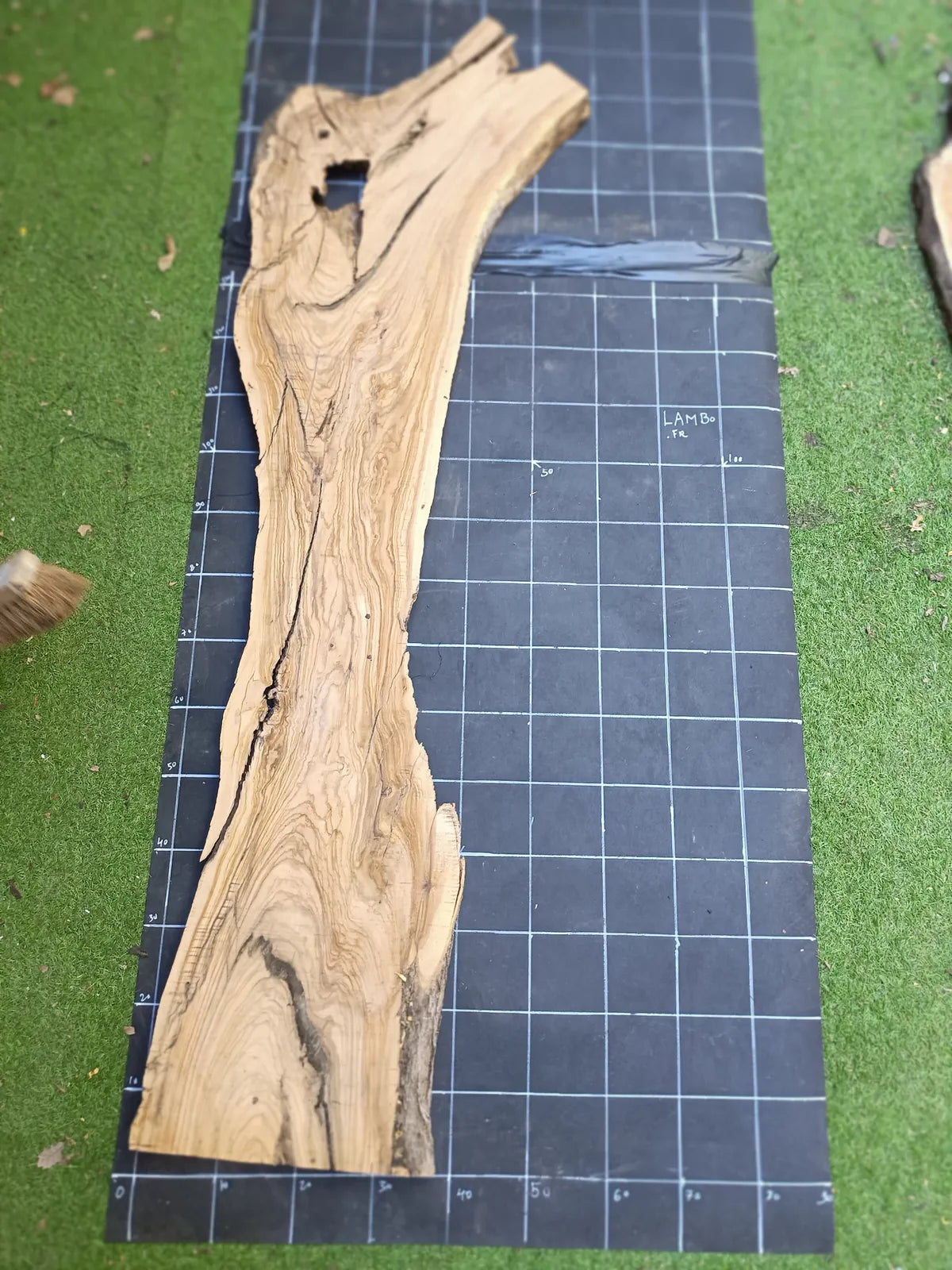 Plateau bois d'olivier brut à bord vivant 180×40 cm, réf N°032, sur tapis quadrillé 10 cm — recto