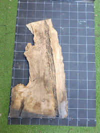 Plateau bois d'olivier brut à bord vivant 110×40 cm, réf N°036, sur tapis quadrillé 10 cm — verso