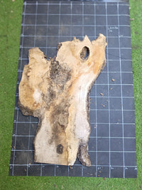 Plateau bois d'olivier brut à bord vivant 100×70 cm, réf N°038, sur tapis quadrillé 10 cm — verso