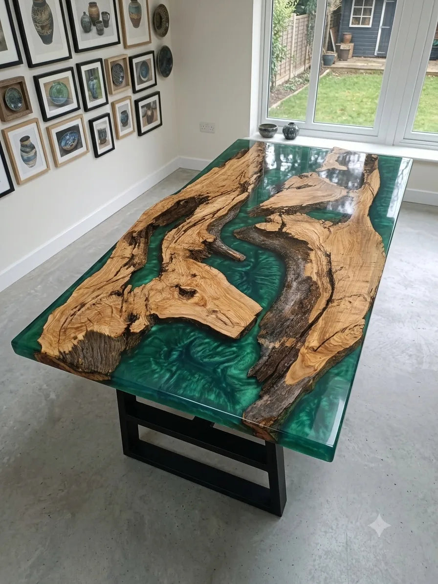 Exemple de table à rivière en résine verte réalisée avec un plateau de bois d'olivier